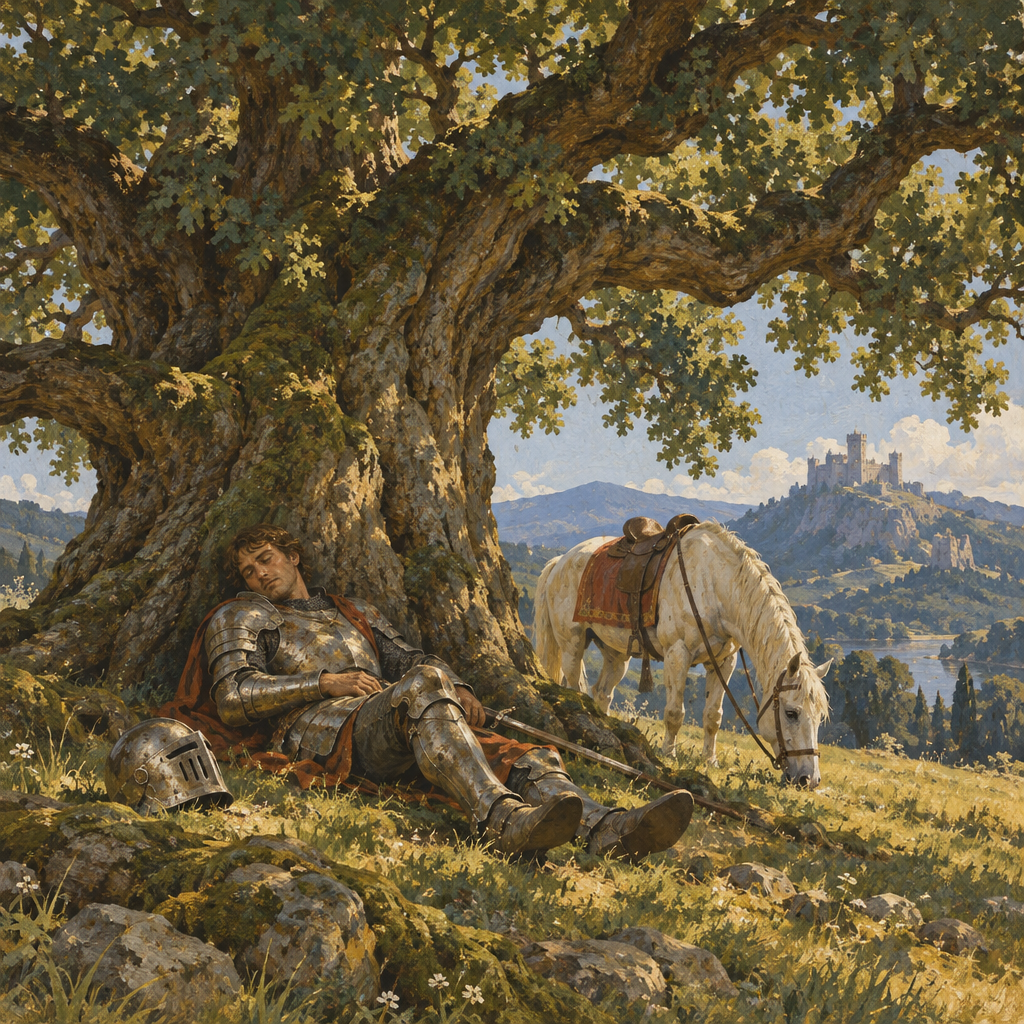 Cover of you are a knight on an epic quest, resting under the shade of a large tree