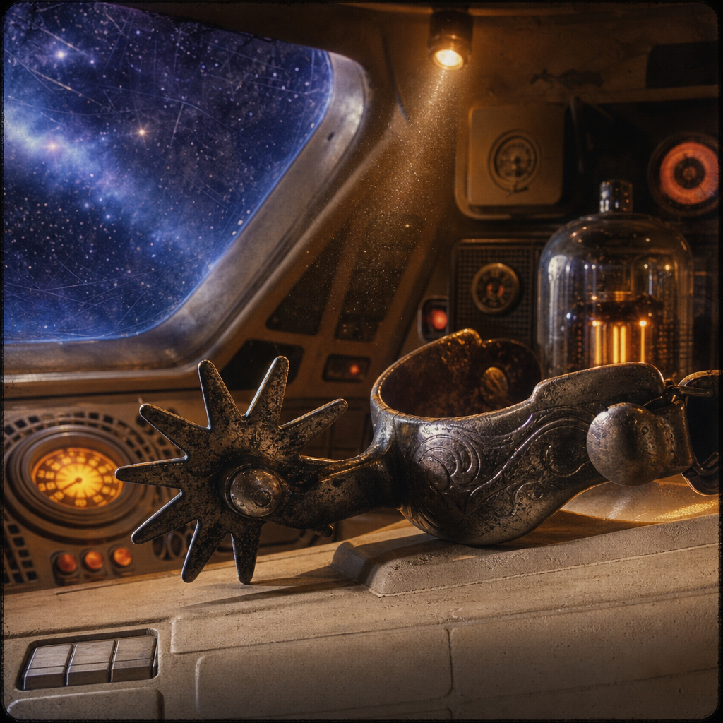Cover of country music by a space cowboy filled with regret in a lonely spaceship